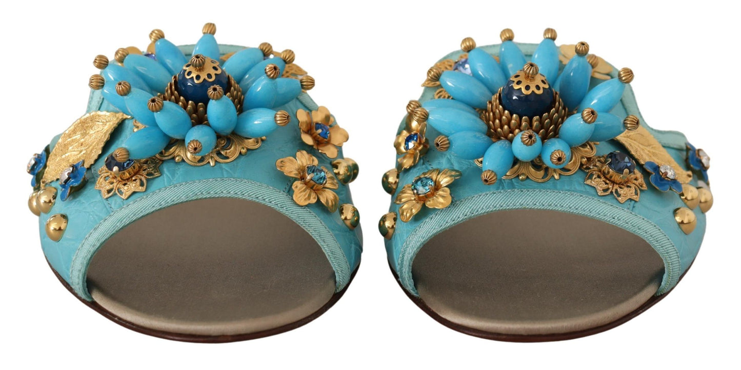 Dolce & Gabbana Blue Crystal Exotic Leather Sandals blau