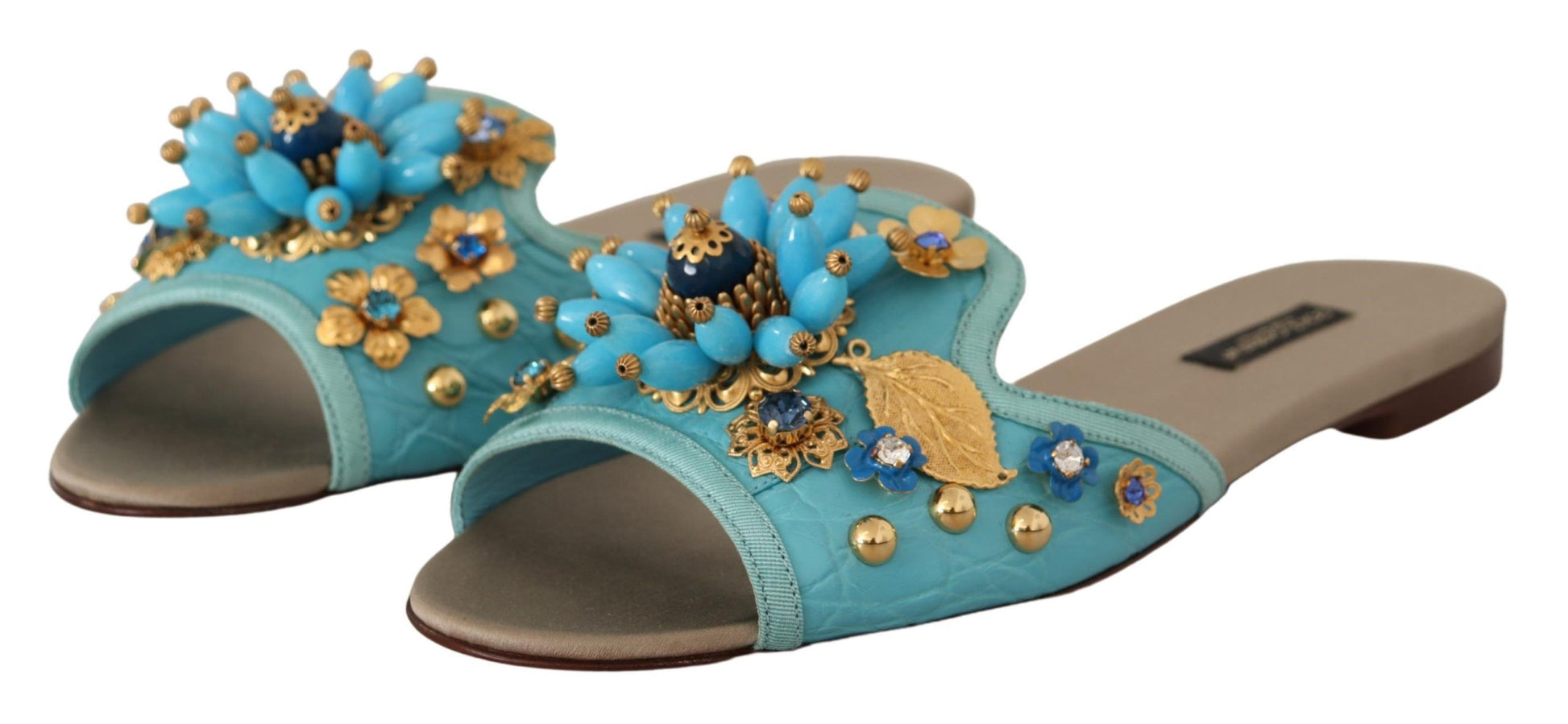 Dolce & Gabbana Blue Crystal Exotic Leather Sandals blau