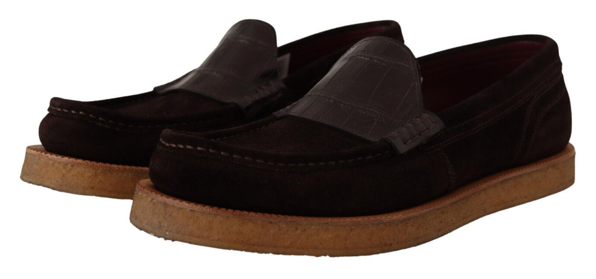 Dolce & Gabbana Brown Suede Leather Slip On Flats Moccasin Shoes braun