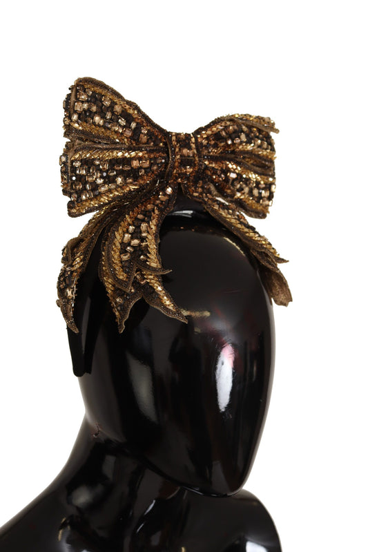 Dolce & Gabbana Gold Crystal Beaded Sequined Silk Bow Headband Diadem Curated Luxury Accessories by Orvyn