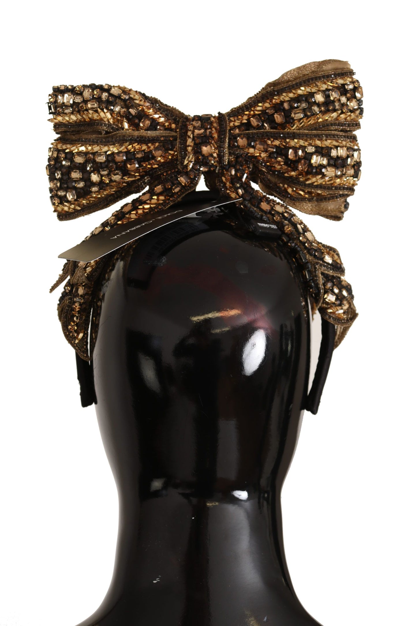 Dolce & Gabbana Gold Crystal Beaded Sequined Silk Bow Headband Diadem Curated Luxury Accessories by Orvyn