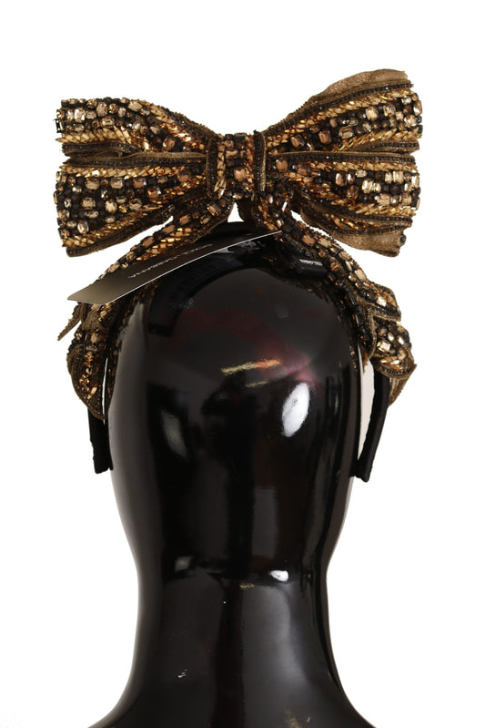 Dolce & Gabbana Gold Crystal Beaded Sequined Silk Bow Headband Diadem Curated Luxury Accessories by Orvyn