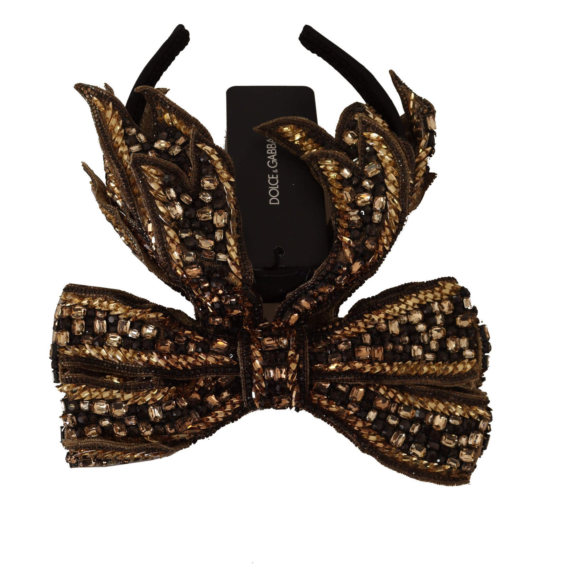 Dolce & Gabbana Gold Crystal Beaded Sequined Silk Bow Headband Diadem Curated Luxury Accessories by Orvyn