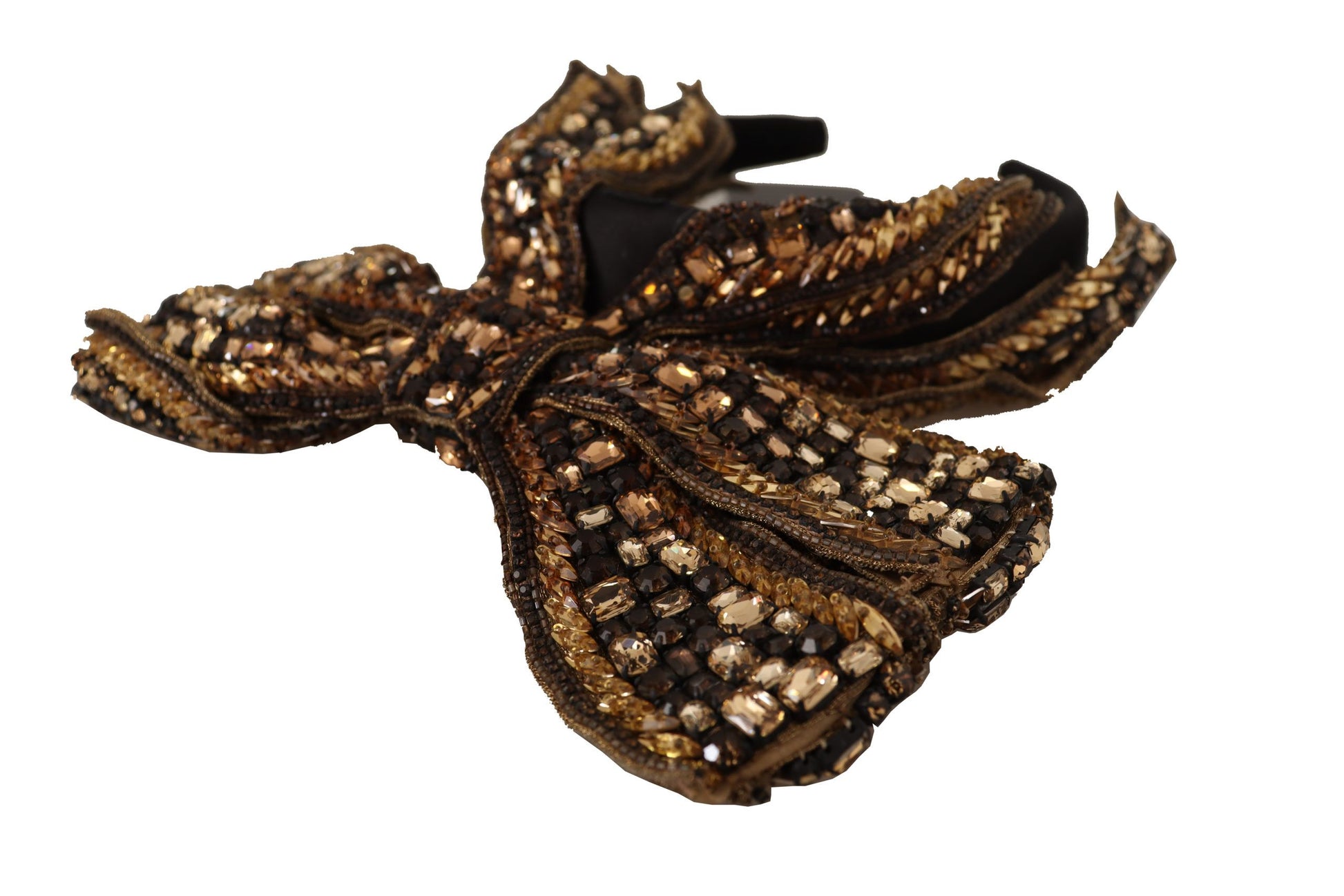 Dolce & Gabbana Gold Crystal Beaded Sequined Silk Bow Headband Diadem Curated Luxury Accessories by Orvyn