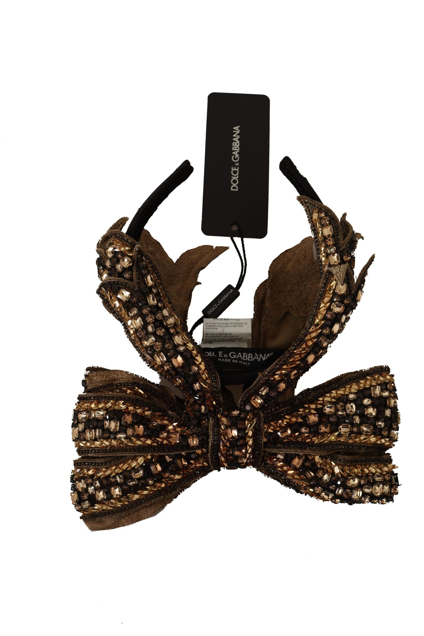 Dolce & Gabbana Gold Crystal Beaded Sequined Silk Bow Headband Diadem Curated Luxury Accessories by Orvyn