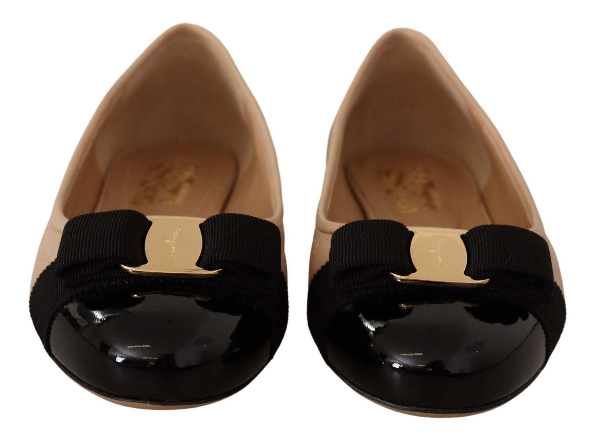 Salvatore Ferragamo Beige and Black Nappa Leather Ballet Flat Shoes schwarz