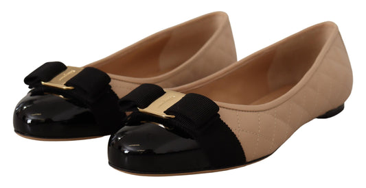 Salvatore Ferragamo Beige and Black Nappa Leather Ballet Flat Shoes schwarz