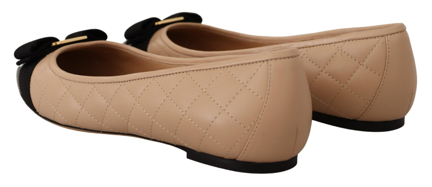 Salvatore Ferragamo Beige and Black Nappa Leather Ballet Flat Shoes schwarz