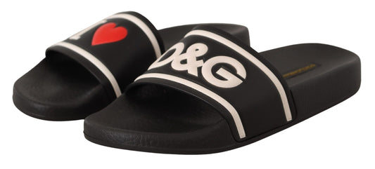 Dolce & Gabbana Black Leather I Love D&G Slides Sandals schwarz