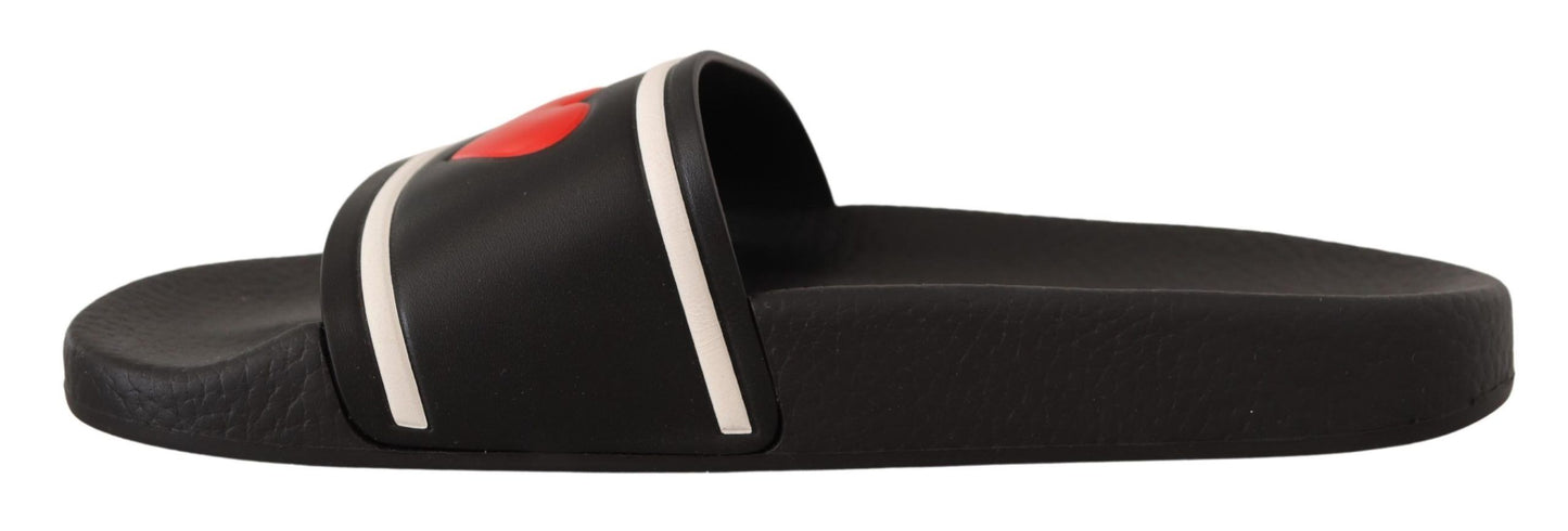 Dolce & Gabbana Black Leather I Love D&G Slides Sandals schwarz