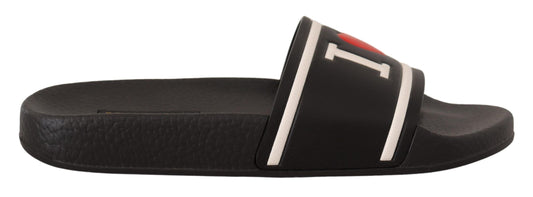 Dolce & Gabbana Black Leather I Love D&G Slides Sandals schwarz