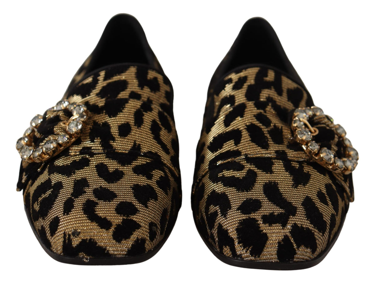 Dolce & Gabbana Gold Leopard Print Crystals Loafers Shoes braun