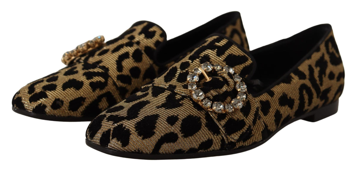 Dolce & Gabbana Gold Leopard Print Crystals Loafers Shoes braun