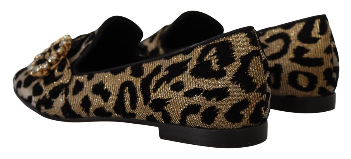 Dolce & Gabbana Gold Leopard Print Crystals Loafers Shoes braun