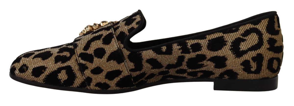 Dolce & Gabbana Gold Leopard Print Crystals Loafers Shoes braun