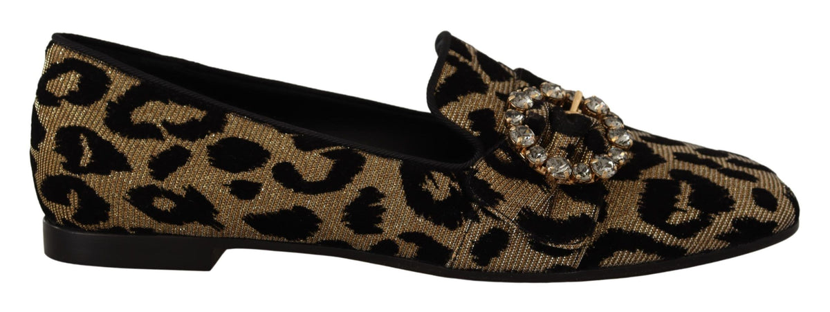 Dolce & Gabbana Gold Leopard Print Crystals Loafers Shoes braun