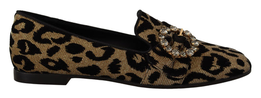 Dolce & Gabbana Gold Leopard Print Crystals Loafers Shoes braun