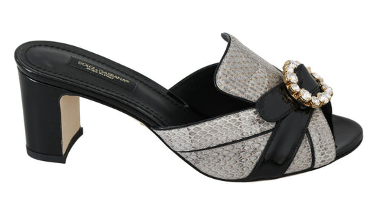 Dolce & Gabbana Black Gray Exotic Leather Crystals Sandals Shoes schwarz