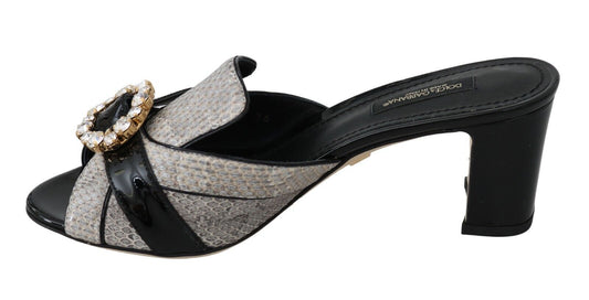 Dolce & Gabbana Black Gray Exotic Leather Crystals Sandals Shoes schwarz