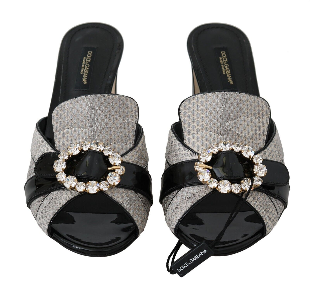 Dolce & Gabbana Black Gray Exotic Leather Crystals Sandals Shoes schwarz
