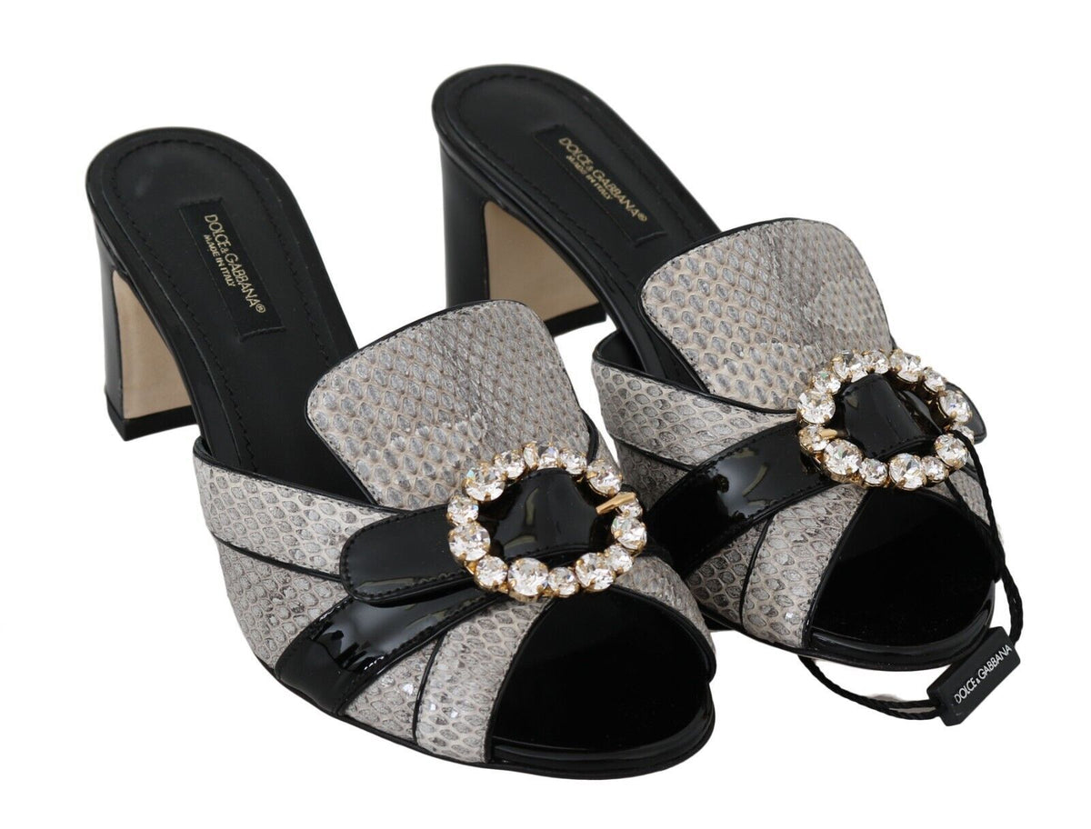 Dolce & Gabbana Black Gray Exotic Leather Crystals Sandals Shoes schwarz