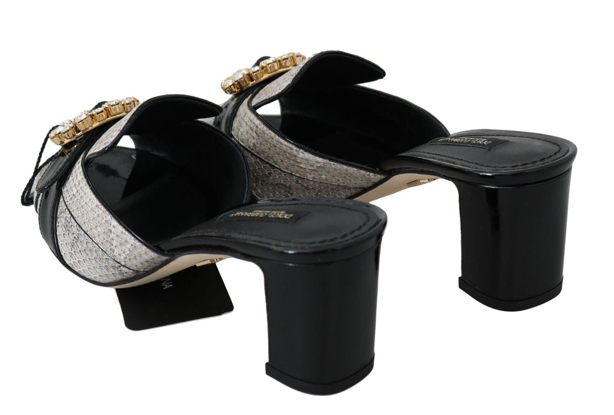 Dolce & Gabbana Black Gray Exotic Leather Crystals Sandals Shoes schwarz