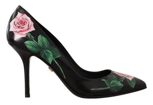 Dolce & Gabbana Black Leather Roses High Heels Pumps Shoes schwarz