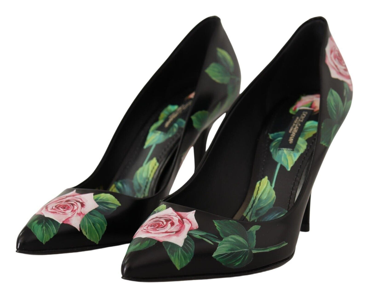 Dolce & Gabbana Black Leather Roses High Heels Pumps Shoes schwarz