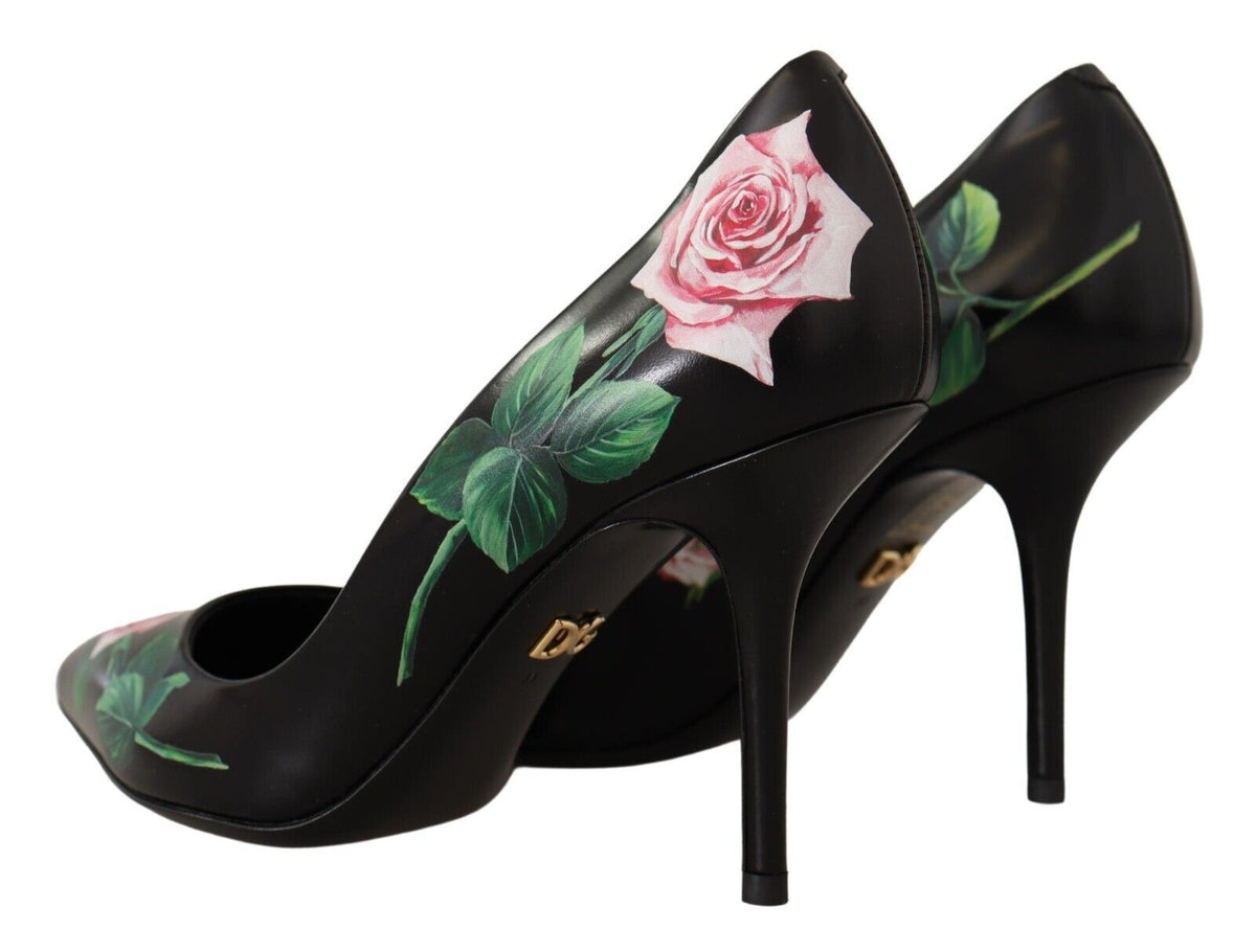 Dolce & Gabbana Black Leather Roses High Heels Pumps Shoes schwarz