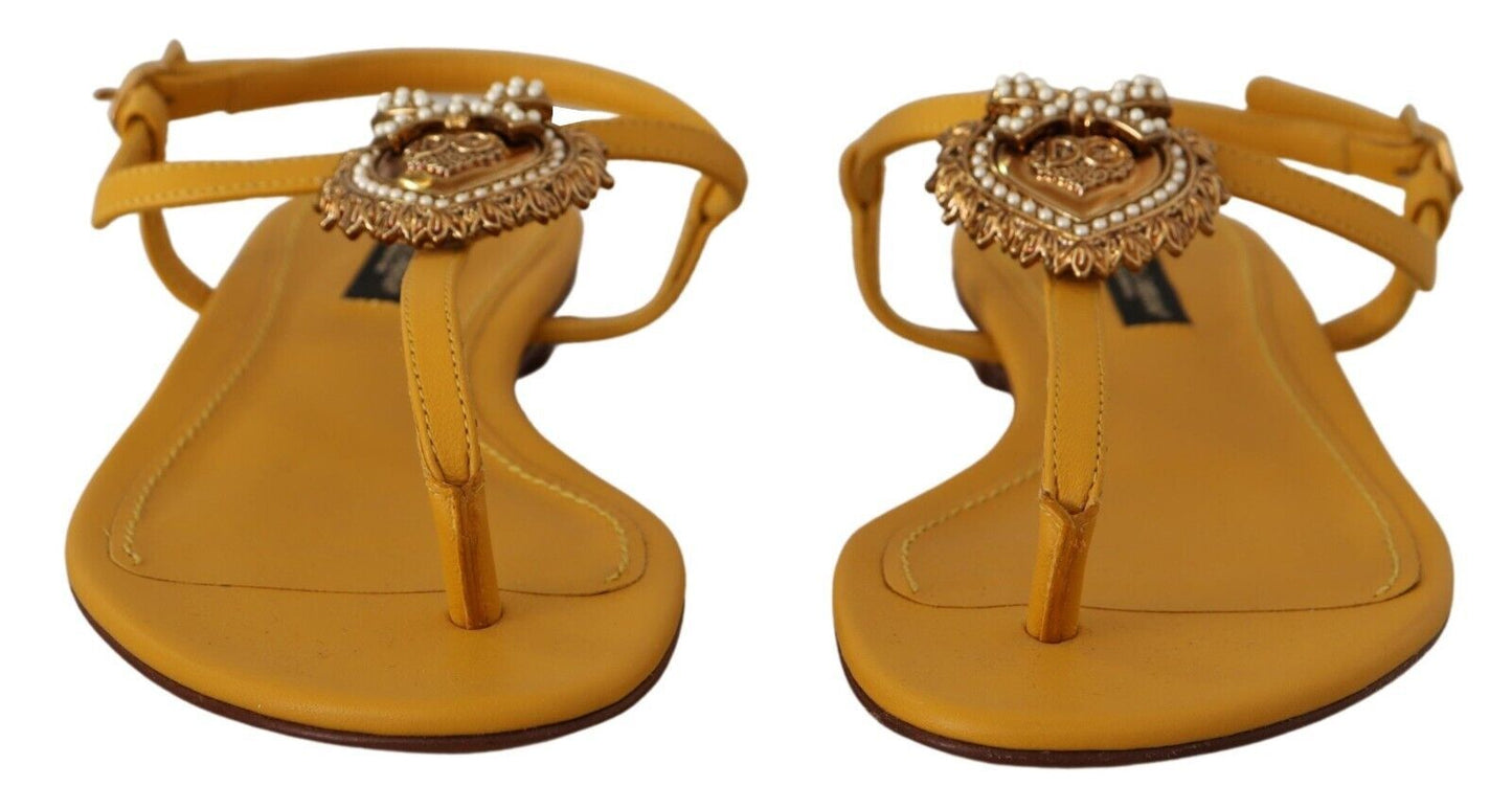 Dolce & Gabbana Mustard Leather Devotion Flats Sandals Shoes Curated Luxury Accessories by Orvyn