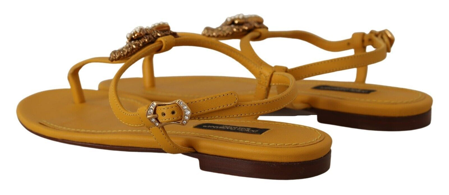 Dolce & Gabbana Mustard Leather Devotion Flats Sandals Shoes Curated Luxury Accessories by Orvyn