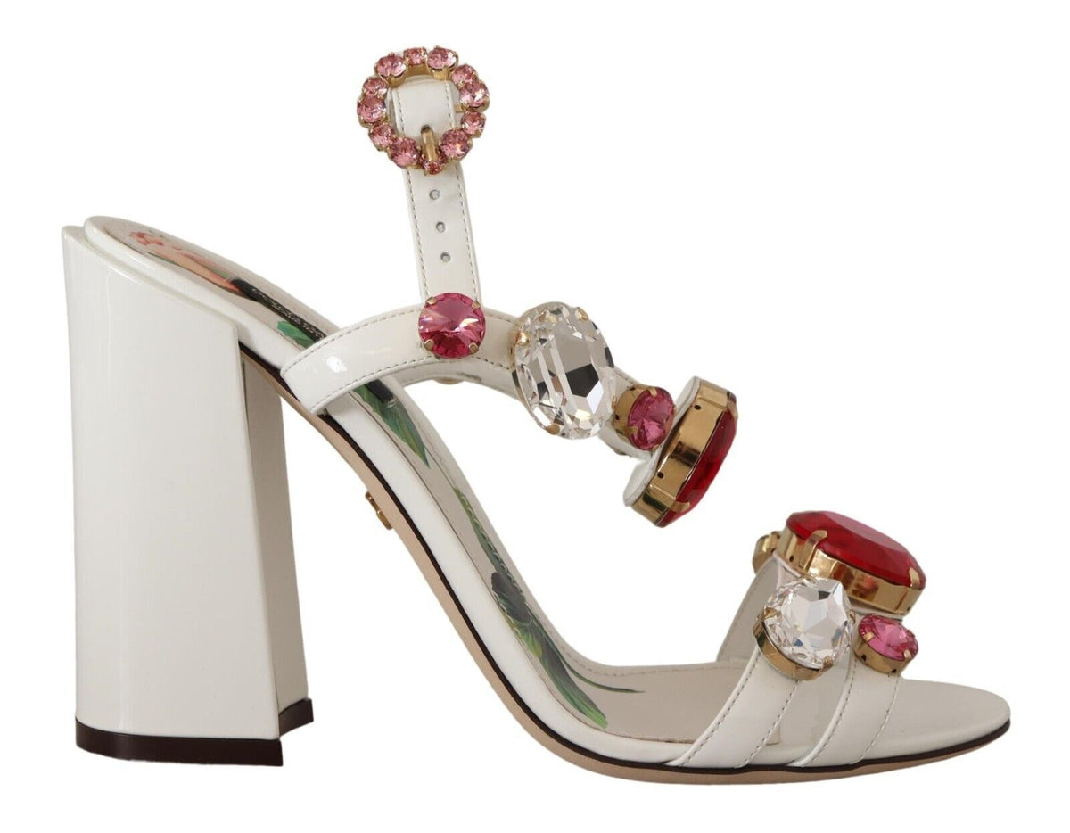 Dolce & Gabbana White Leather Crystal Keira Heels Sandals Shoes weiss