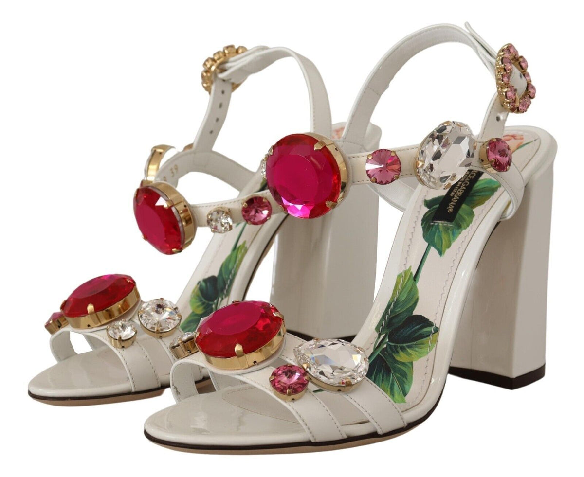 Dolce & Gabbana White Leather Crystal Keira Heels Sandals Shoes weiss