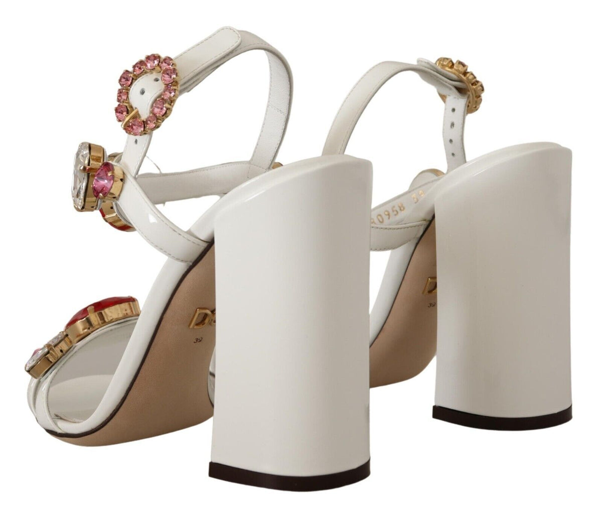 Dolce & Gabbana White Leather Crystal Keira Heels Sandals Shoes weiss