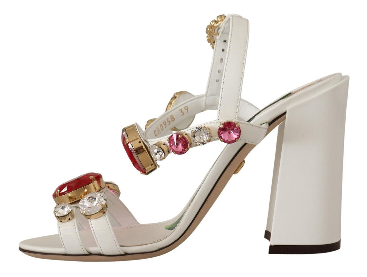 Dolce & Gabbana White Leather Crystal Keira Heels Sandals Shoes weiss