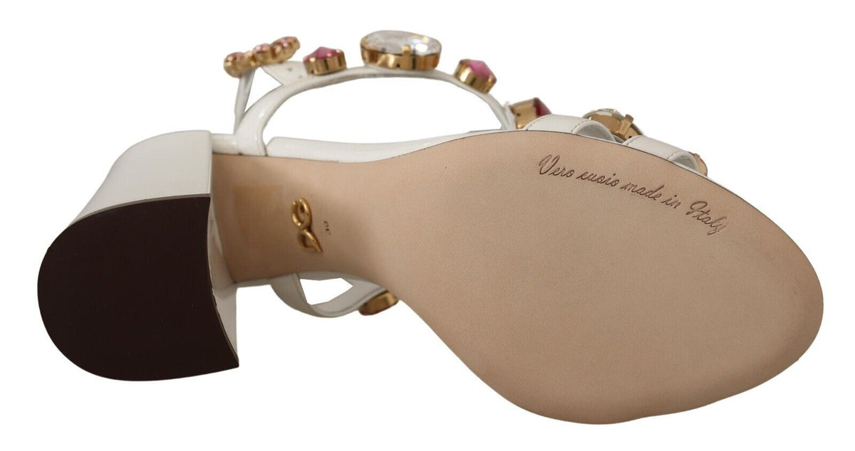 Dolce & Gabbana White Leather Crystal Keira Heels Sandals Shoes weiss