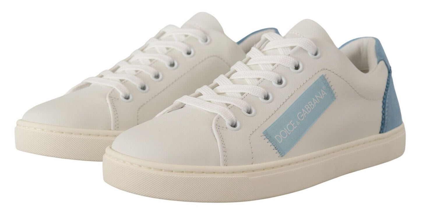 Dolce & Gabbana White Blue Leather Low Top Sneakers Shoes Curated Luxury Accessories by Orvyn