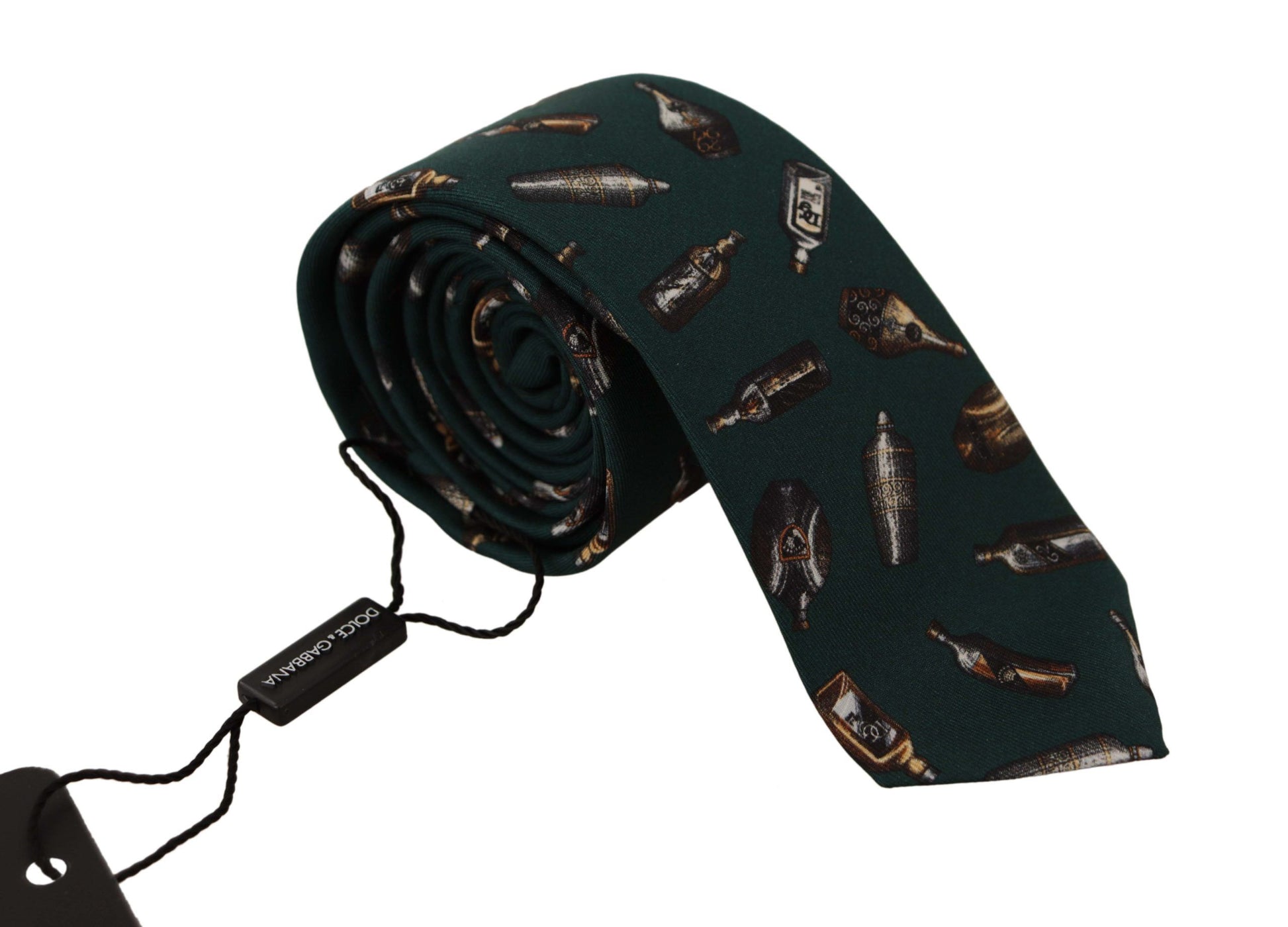 Dolce & Gabbana Black Bottle Fantasy Print Silk Adjustable Accessory Tie Curated Luxury Accessories by Orvyn
