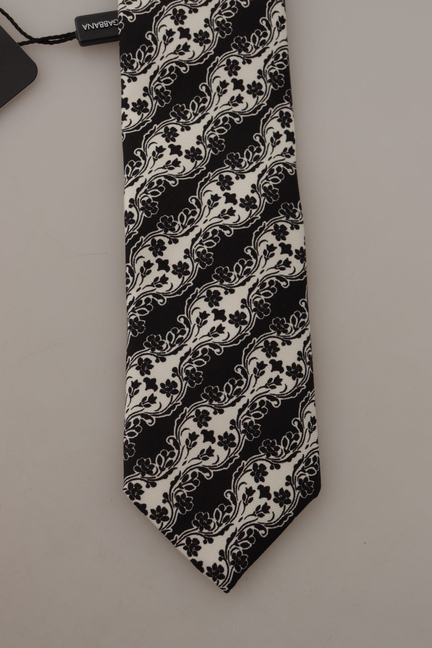 Dolce & Gabbana Black White Flower 100% Silk Print Adjustable Accessory Tie Curated Luxury Accessories by Orvyn