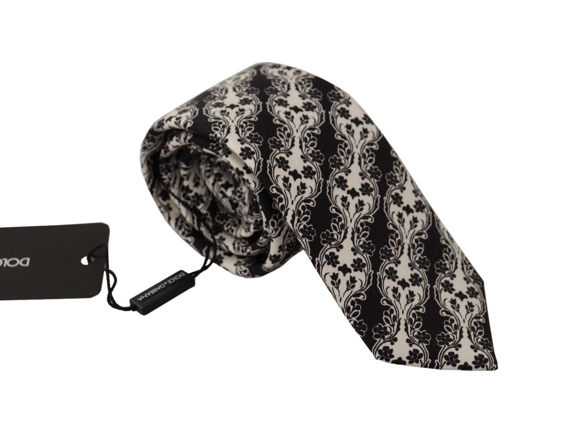 Dolce & Gabbana Black White Flower 100% Silk Print Adjustable Accessory Tie Curated Luxury Accessories by Orvyn