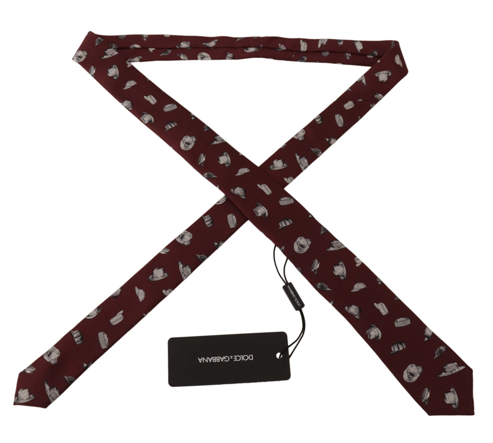 Dolce & Gabbana Maroon Hat Pattern 100% Silk Adjustable Accessory Tie Curated Luxury Accessories by Orvyn