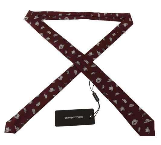 Dolce & Gabbana Maroon Hat Pattern 100% Silk Adjustable Accessory Tie Curated Luxury Accessories by Orvyn