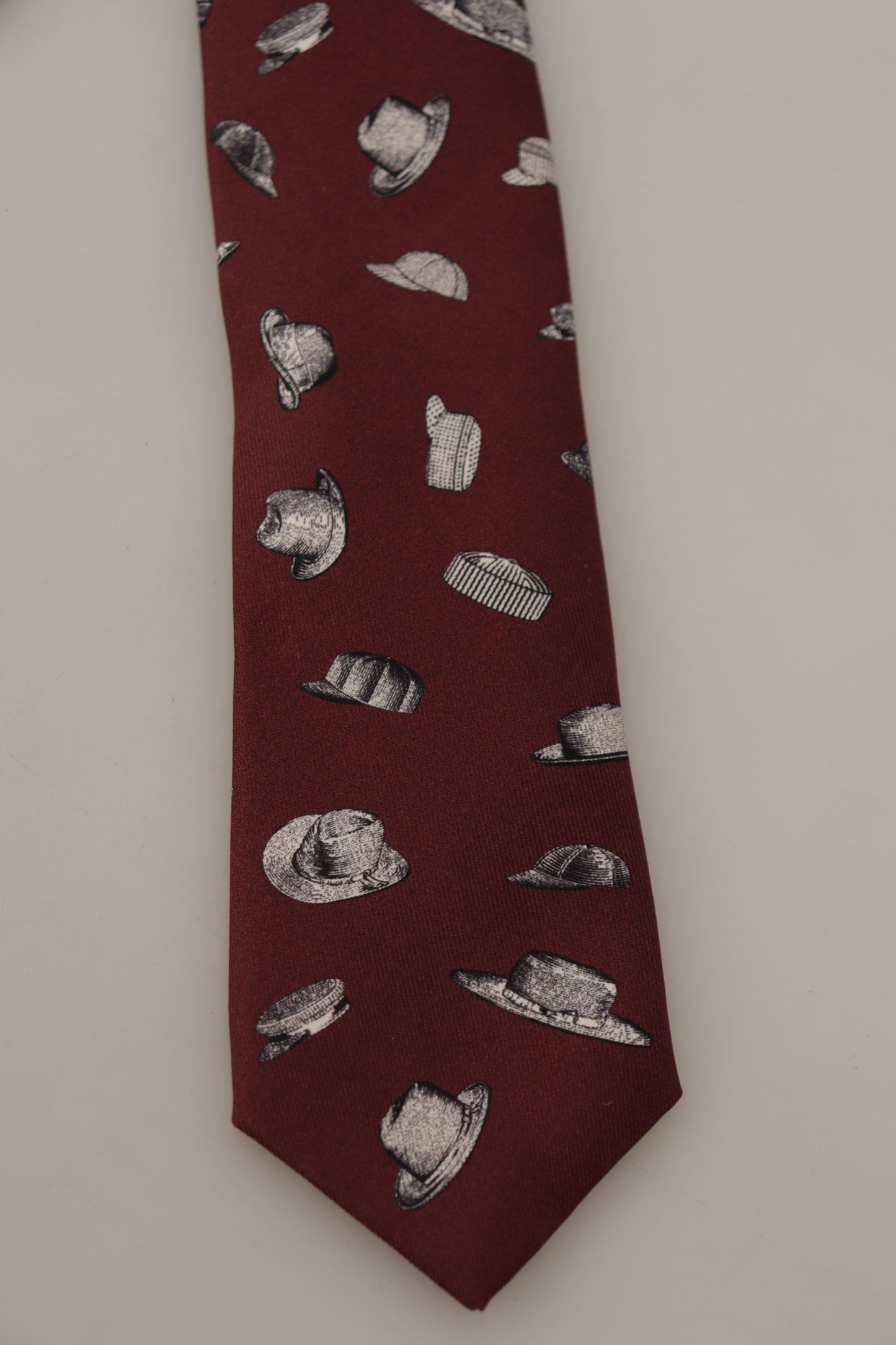 Dolce & Gabbana Maroon Hat Pattern 100% Silk Adjustable Accessory Tie Curated Luxury Accessories by Orvyn