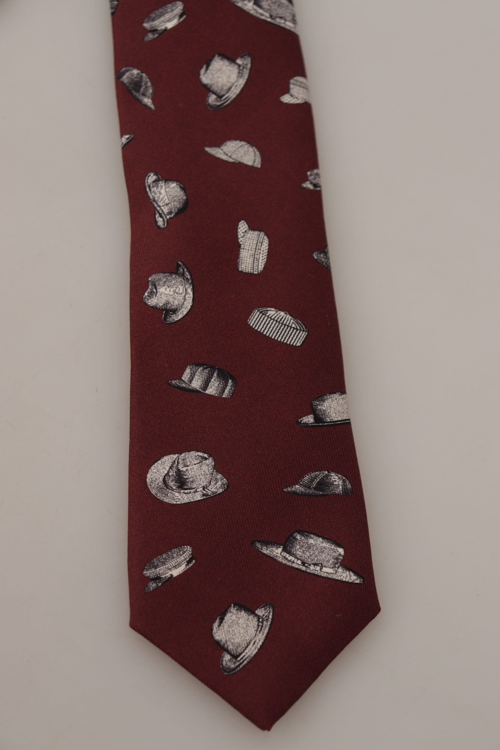 Dolce & Gabbana Maroon Hat Pattern 100% Silk Adjustable Accessory Tie Curated Luxury Accessories by Orvyn