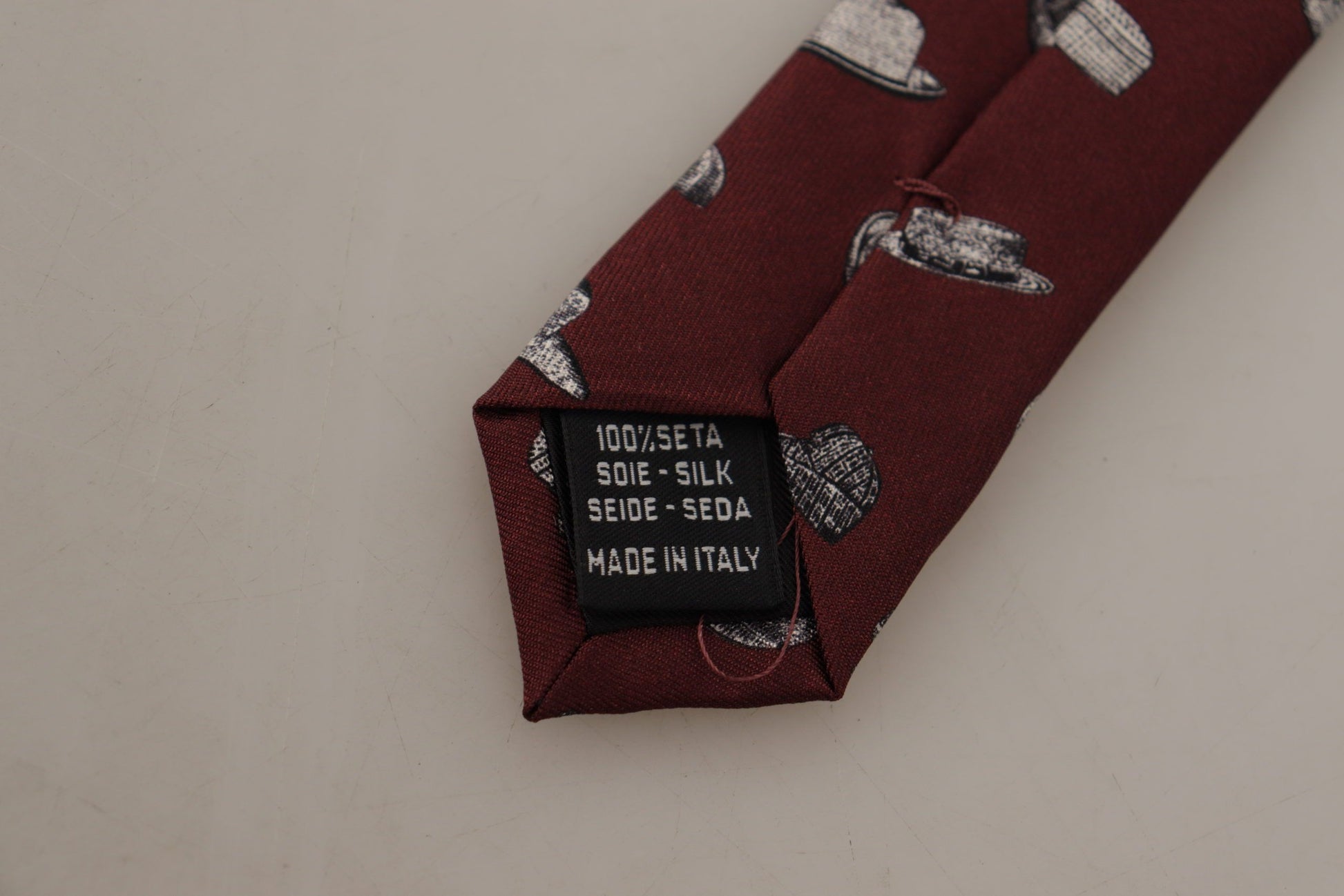 Dolce & Gabbana Maroon Hat Pattern 100% Silk Adjustable Accessory Tie Curated Luxury Accessories by Orvyn