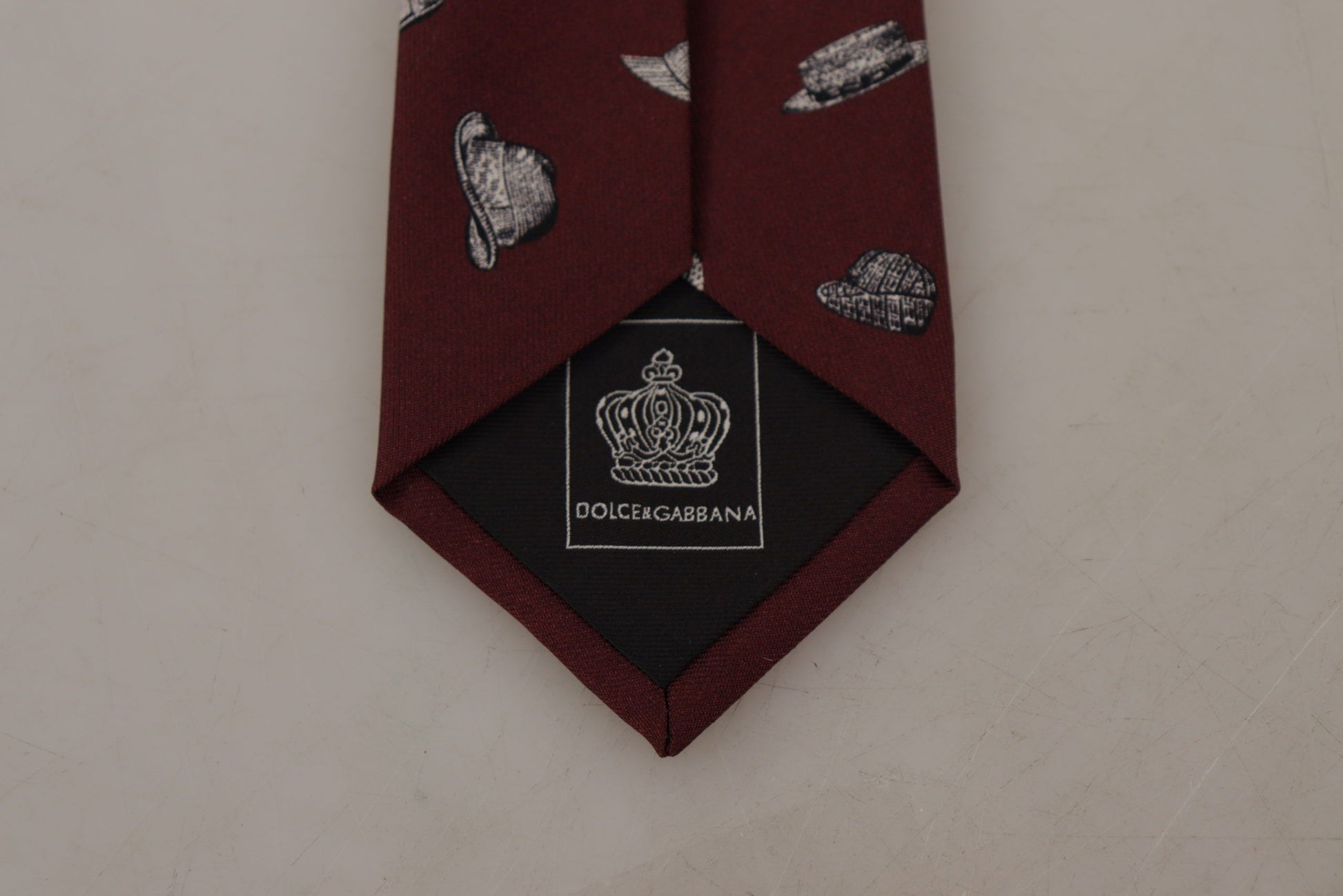 Dolce & Gabbana Maroon Hat Pattern 100% Silk Adjustable Accessory Tie Curated Luxury Accessories by Orvyn