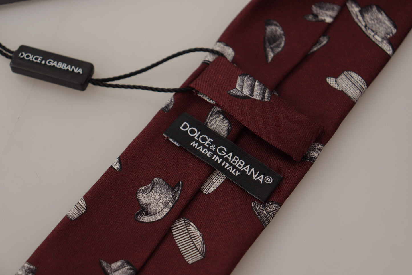 Dolce & Gabbana Maroon Hat Pattern 100% Silk Adjustable Accessory Tie Curated Luxury Accessories by Orvyn