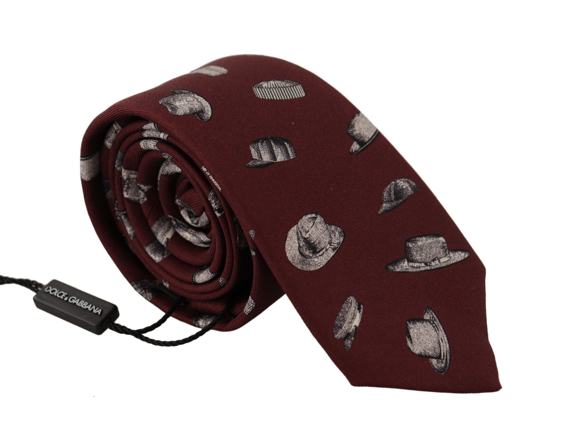Dolce & Gabbana Maroon Hat Pattern 100% Silk Adjustable Accessory Tie Curated Luxury Accessories by Orvyn