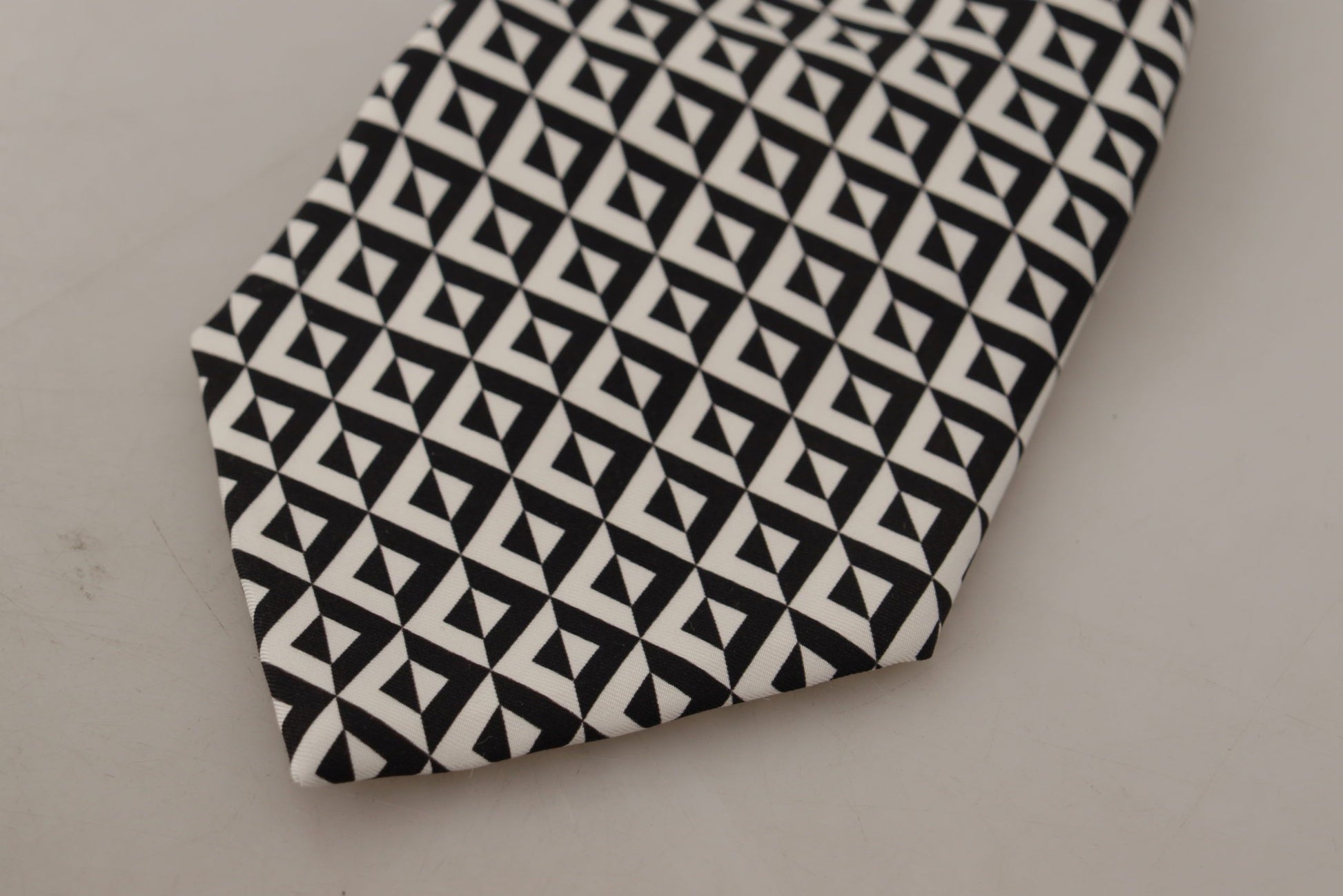 Dolce & Gabbana Black White Geometric 100% Silk Adjustable Accessory Tie Curated Luxury Accessories by Orvyn