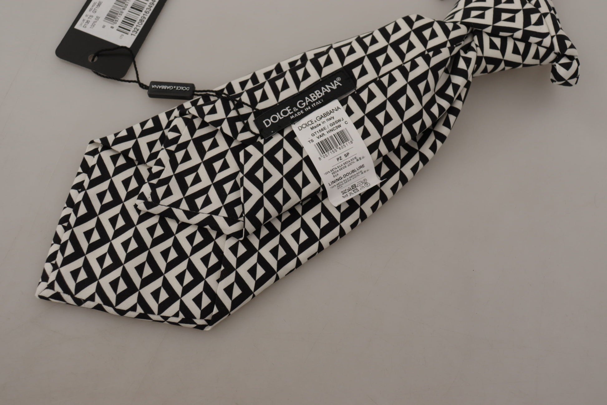 Dolce & Gabbana Black White Geometric 100% Silk Adjustable Accessory Tie Curated Luxury Accessories by Orvyn